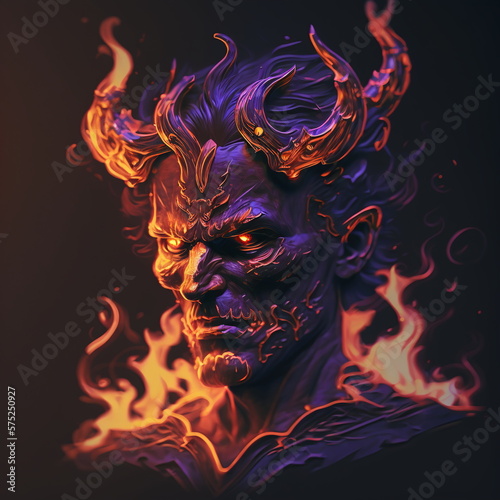Demon monster with horns and fire from hell. AI Generated. © kimlongcreations