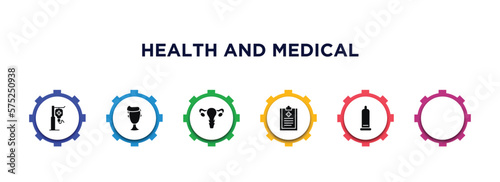health and medical filled icons with infographic template. glyph icons such as saline, tonometer, boy, gynecology, medical checklist, condom vector.