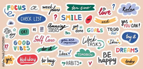Notebook sticker, cute diary memo elements, planner. Scrapbook template for school journal, typography girls agenda, funny pages and notes. Hand drawn lettering phrases. Vector design icons