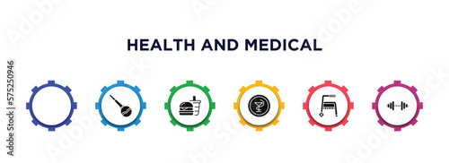 health and medical filled icons with infographic template. glyph icons such as blood, enema, fast food, medical, medical walker, dumbbells vector.