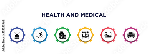health and medical filled icons with infographic template. glyph icons such as emergency, running, proteins, optometrist, stationary bike, defibrillator vector.