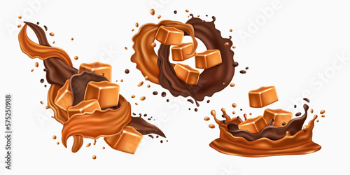 Milk chocolate, caramel splash, swirl liquid. Butter drip and candy in cream wave, sweet melting drink flow, brown dessert. Cube sweets. Vector realistic 3d isolated elements