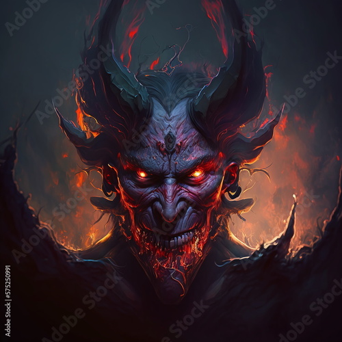 Demon monster with horns and fire from hell. AI Generated.