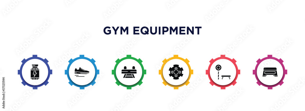 gym equipment filled icons with infographic template. glyph icons such as supplement, sneakers, buck, barrels, trainer rod, step vector. gym equipment filled icons with infographic template. glyph icons such as supplement, sneakers, buck, barrels, trainer rod, step vector.