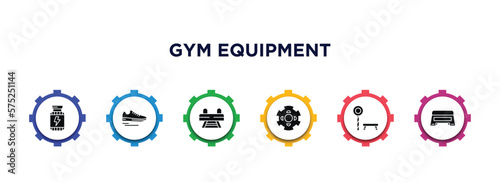 gym equipment filled icons with infographic template. glyph icons such as supplement, sneakers, buck, barrels, trainer rod, step vector.