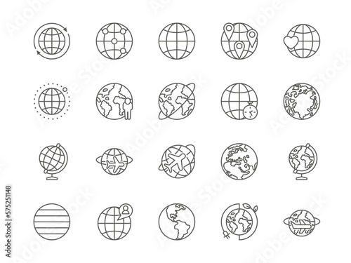 World globe. Earth icons. Global map or internet. Web symbol. Country destination sign. Geographic or business travel. Journey by airplane. Outline pictograms set. Vector line strokes