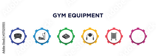 gym equipment filled icons with infographic template. glyph icons such as jumping equipment, elliptical, weight scale, women fitness clothing, jumping rope, swedish wall vector.