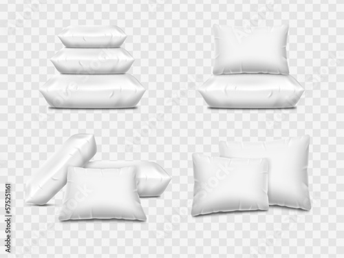 Feather bed cushions compositions, white mockup. Realistic down side of sofa product, square cotton pile, textile for rest and sleep. Home interior objects. Vector isolated 3d illustrations