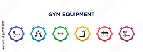 gym equipment filled icons with infographic template. glyph icons such as fitness bench, hand grip, weight bar, treadmill hine, vaulting horse, bench press vector.