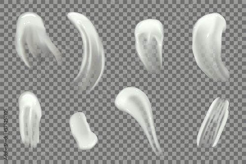 Liquid cream. Gel smear. Cosmetic texture. Realistic top view of sunscreen lotion stroke. Face skincare. Toothpaste drop. Makeup product. Fluid splashes set. Vector isolated illustration