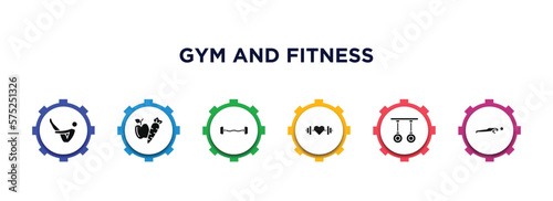 gym and fitness filled icons with infographic template. glyph icons such as abdominal exercises, carrot and, dumbbells bar, fitness heart, gymnastic rings, pushups exercises vector.