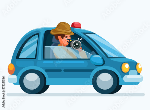 Detective takes photos from inside the car. espionage scene vector
