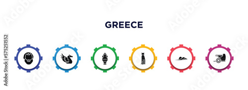 greece filled icons with infographic template. glyph icons such as aristotle, pegasus, amphora, robe, , chariot vector.