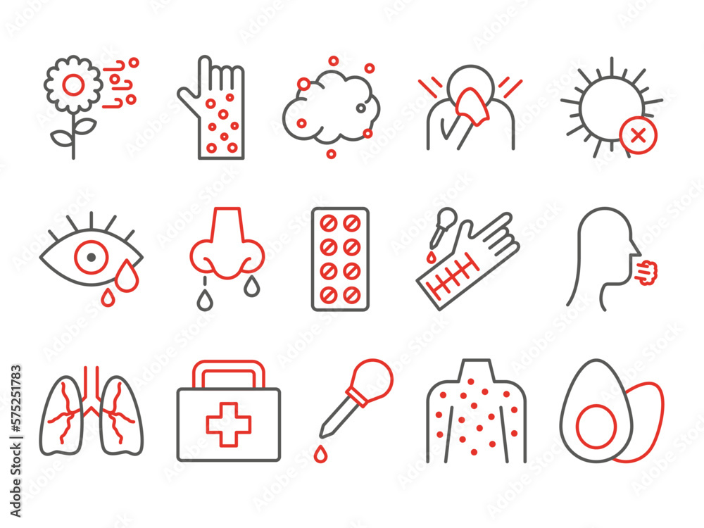 Allergy icons. Health care. Runny nose and eye sickness. Disease treatment symbols. Sick or flu symptoms. Cough from pollen and dust. Rash and rhinitis signs. Vector line pictograms set Allergy icons. Health care. Runny nose and eye sickness. Disease treatment symbols. Sick or flu symptoms. Cough from pollen and dust. Rash and rhinitis signs. Vector line pictograms set