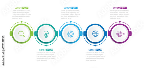 Modern infographic template. Creative circle element design with marketing icons. Business concept with 5 options, steps, sections.
