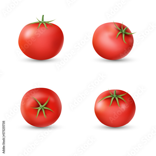 3d red tomato, realistic whole vegetables. Healthy kitchen fruit, food isolated different angles view, for juice, salad or ketchup vitamin ingredient, fresh summer plant. Vector illustration set