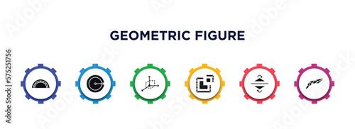 geometric figure filled icons with infographic template. glyph icons such as semicircle, radius, coordinates, segment, reflection, polygonal wings vector.