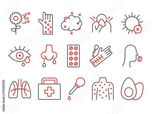Allergy icons. Health care. Runny nose and eye sickness. Disease treatment symbols. Sick or flu symptoms. Cough from pollen and dust. Rash and rhinitis signs. Vector line pictograms set