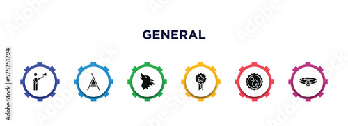 general filled icons with infographic template. glyph icons such as leader with loudspeaker, stepladder, wolf howling, winning, save water badge, head mirror vector.