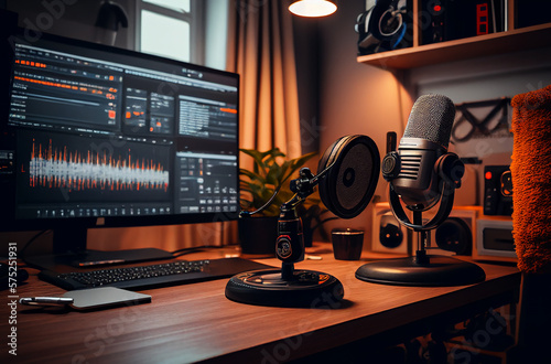 Close up of home studio podcast gadget interior, Microphone and laptop for on air live streaming on the table, Generative Ai