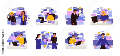 Stress news. Communication data chaos. Excess of information. Online mail flow. Overwhelmed employee. Internet messages. Tired worker. Infobesity and infoxication. Vector concepts set