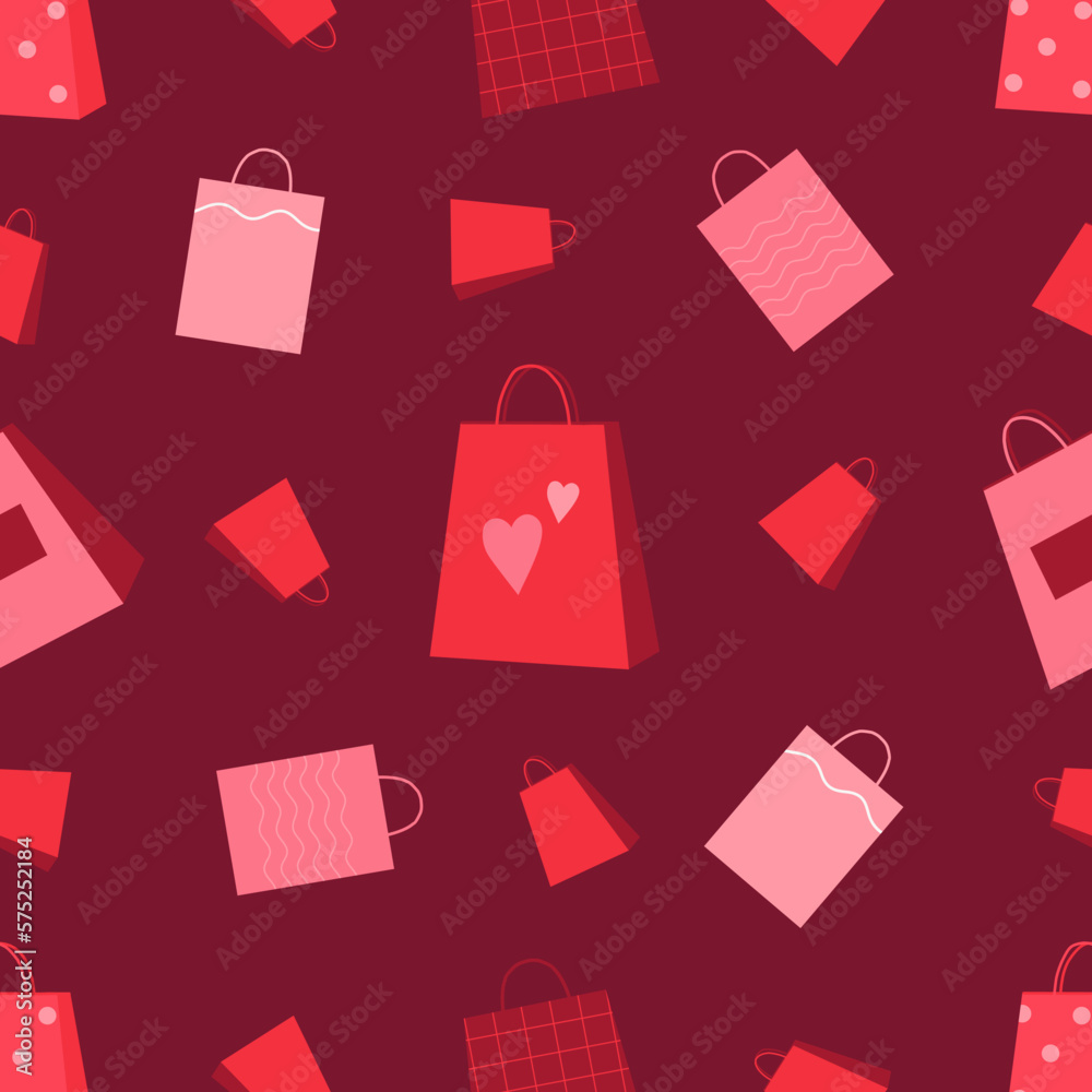 Shop bag pattern. Red gifts. Shopping packets. Valentine discount wallpaper. Repeated print for pink fashion paper. Sale poster. Love hearts. Marketing card. Vector seamless background Shop bag pattern. Red gifts. Shopping packets. Valentine discount wallpaper. Repeated print for pink fashion paper. Sale poster. Love hearts. Marketing card. Vector seamless background