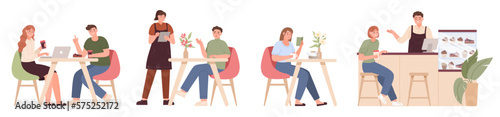 People eating in cafe. Friends talk. Couple drinking coffee or tea. Food lunch. Conversation group. Persons meeting in cafeteria. Freelance work with laptop. Vector flat illustrations set