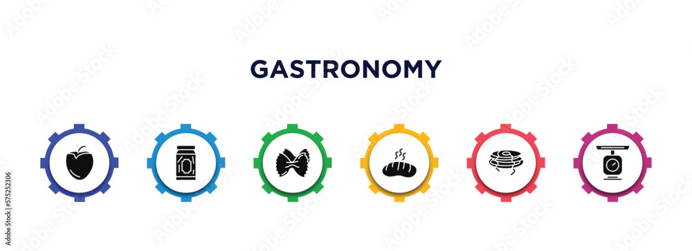 gastronomy filled icons with infographic template. glyph icons such as persimmon, pickles, aroni, bun, pancakes, scales vector.