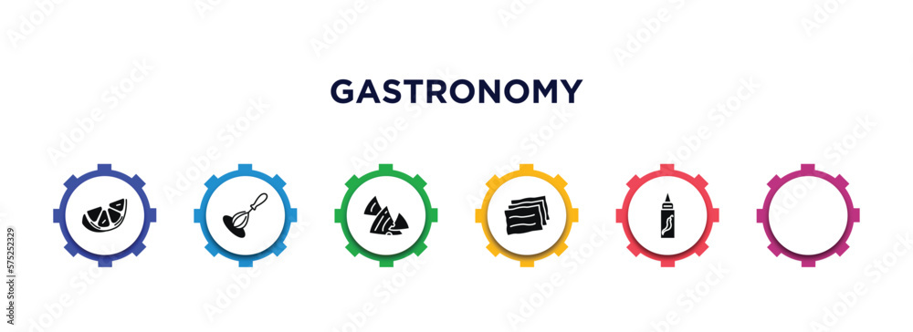 gastronomy filled icons with infographic template. glyph icons such as lime, whisk, nachos, corncob, lasagne, hot sauce vector. gastronomy filled icons with infographic template. glyph icons such as lime, whisk, nachos, corncob, lasagne, hot sauce vector.