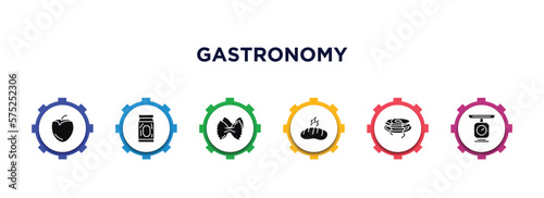 gastronomy filled icons with infographic template. glyph icons such as persimmon, pickles, aroni, bun, pancakes, scales vector.