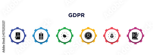 gdpr filled icons with infographic template. glyph icons such as penalty, id card, cookie, account, eu, rectification vector.
