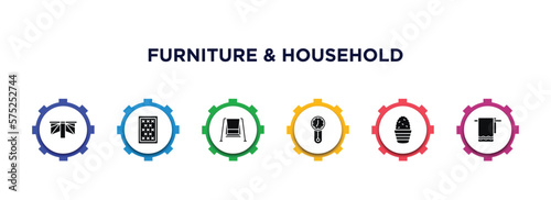 furniture & household filled icons with infographic template. glyph icons such as gateleg table, mattress, porch swing, wall clock, cactus, towel vector.