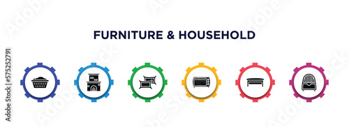 furniture & household filled icons with infographic template. glyph icons such as laundry hamper, fireplace, pillows, oven, bench, dehumidifier vector.