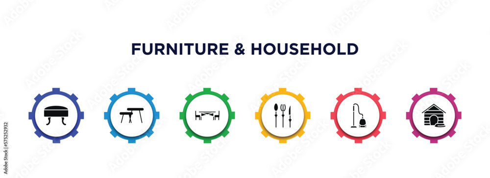 furniture & household filled icons with infographic template. glyph icons such as footstool, coffee table, kitchen table, silverware, carpet sweeper, pet house vector. furniture & household filled icons with infographic template. glyph icons such as footstool, coffee table, kitchen table, silverware, carpet sweeper, pet house vector.