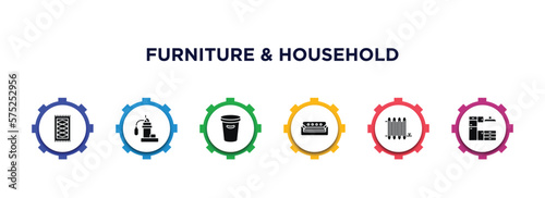furniture & household filled icons with infographic template. glyph icons such as rugs, sump pump, waste basket, couch, radiator, cabinets vector.
