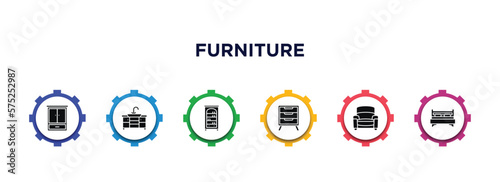 furniture filled icons with infographic template. glyph icons such as clo, kitchen sink, bookcase, bedside table, armchair, bed vector.