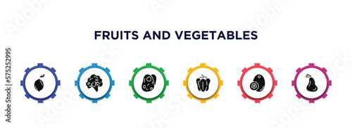 fruits and vegetables filled icons with infographic template. glyph icons such as lemon, broccoli, potatoes, bell pepper, breast milk fruit, guava vector.