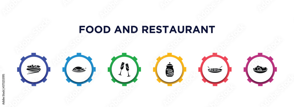food and restaurant filled icons with infographic template. glyph icons such as kung pao chicken, peking duck, champagne glass, cookies jar, beef chow fun, congee vector.