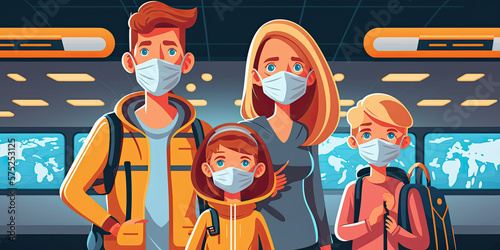 Family with two kids in medical protection mask - Generative AI