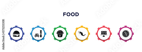 food filled icons with infographic template. glyph icons such as hamburger with bacoon, drive through, romantic muffin, mexican, celebration cake, popiah vector.