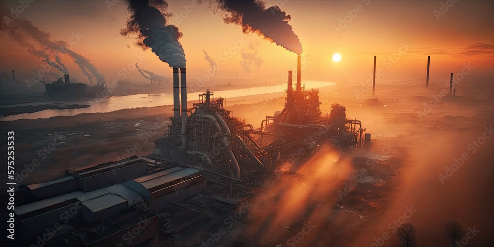Obraz premium Industrial metallurgical plant dawn. Smoke, smog emissions - Generative AI