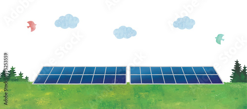 太陽光発電ソーラーパネルと草原の風景水彩