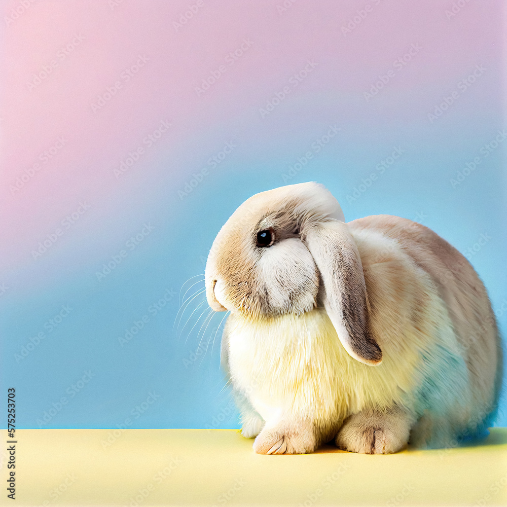 Generative AI image illustration of a cute, fluffy Easter bunny on a plain wall background with pastel colors blue and pink or purple and yellow with copy space for text for Easter cards