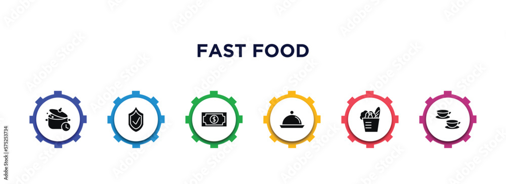 fast food filled icons with infographic template. glyph icons such as cooking time, guarantee, cash, food serving, groceries, cups vector. fast food filled icons with infographic template. glyph icons such as cooking time, guarantee, cash, food serving, groceries, cups vector.