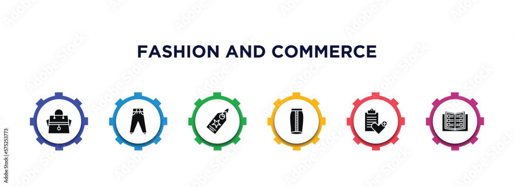 fashion and commerce filled icons with infographic template. glyph icons such as hand bag, trousers, brand, skirt, wishlist, catalogue vector. fashion and commerce filled icons with infographic template. glyph icons such as hand bag, trousers, brand, skirt, wishlist, catalogue vector.