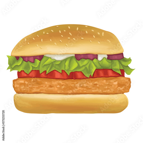 Hand drawn painted fish burger illustration