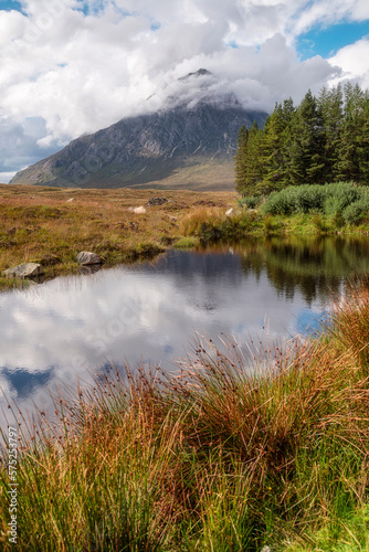 Quiet waters of the River Etive with the Buachaille Etive Mor mountain in the background, Glencoe, Scotland.