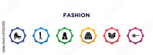 fashion filled icons with infographic template. glyph icons such as roller skater, woman boots, handbag elegant de, woman bag, suit with bow tie, stud vector.