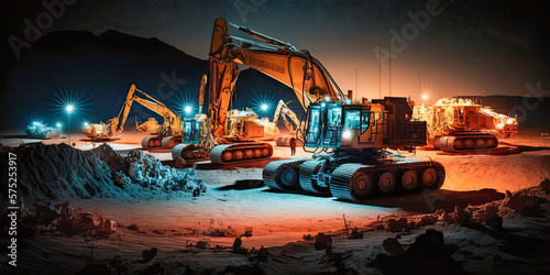 Many excavators work on construction site with night lights - Generative AI