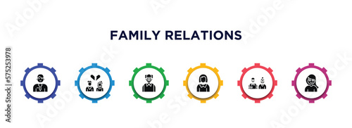 family relations filled icons with infographic template. glyph icons such as husband, ex-husband, grandfather, mother, grandparents, daughter vector.